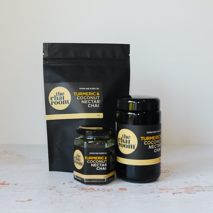 Product photo showing 3 sizes of Turmeric & Coconut Nectar Chai